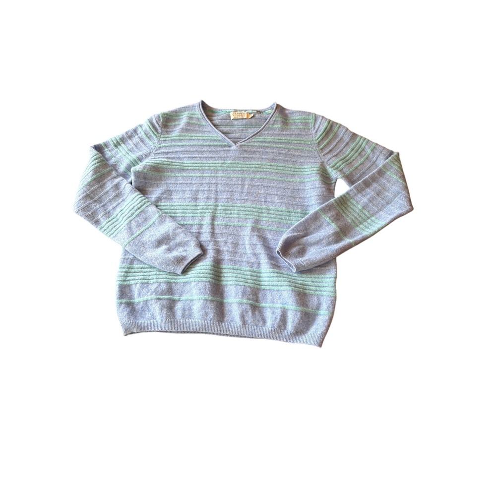 Lochmere Sweater Blue Green Pure Cashmere V-Neck Striped LMK222 S19 Mens M